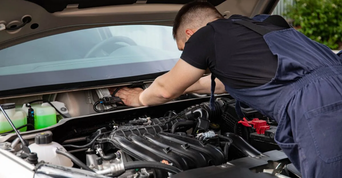 Neutrales Werkstattmotiv mit einem Mechaniker bei der Arbeit am Motor